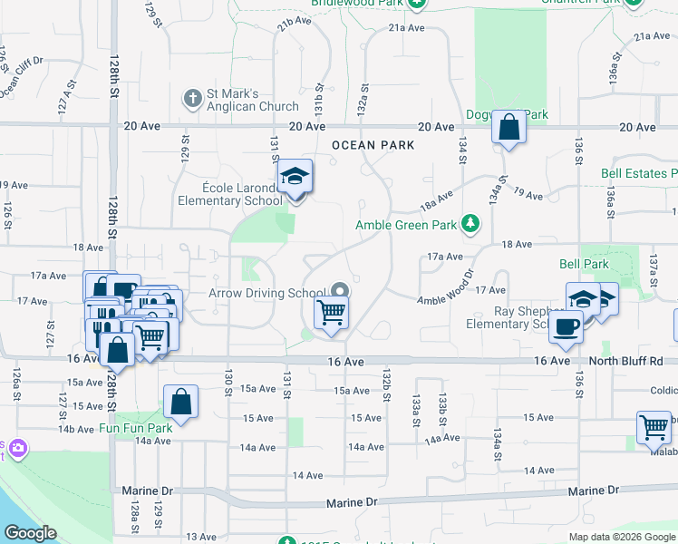 map of restaurants, bars, coffee shops, grocery stores, and more near 13227 17A Avenue in Surrey