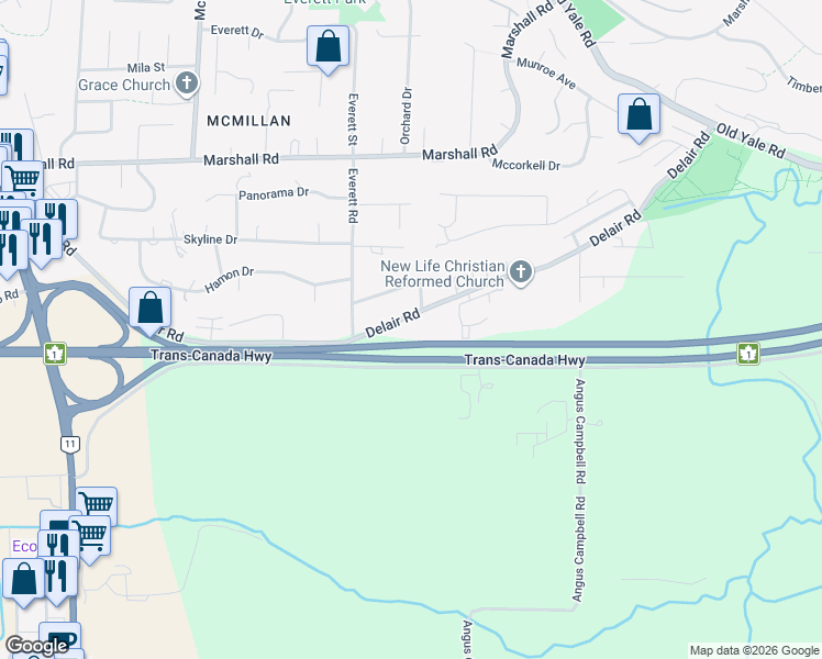 map of restaurants, bars, coffee shops, grocery stores, and more near 35160 Delair Road in Abbotsford