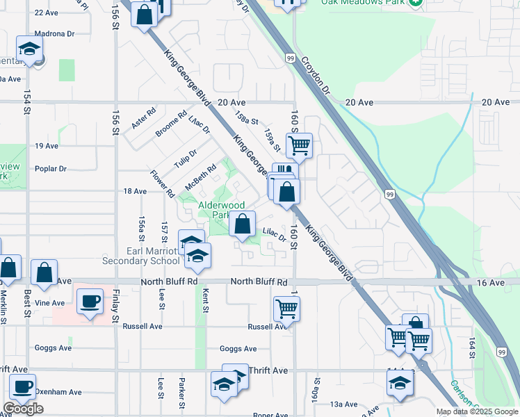 map of restaurants, bars, coffee shops, grocery stores, and more near 1828 Lilac Drive in Surrey