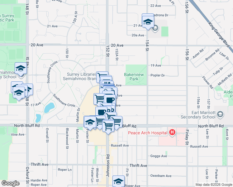 map of restaurants, bars, coffee shops, grocery stores, and more near 15243 17A Avenue in Surrey