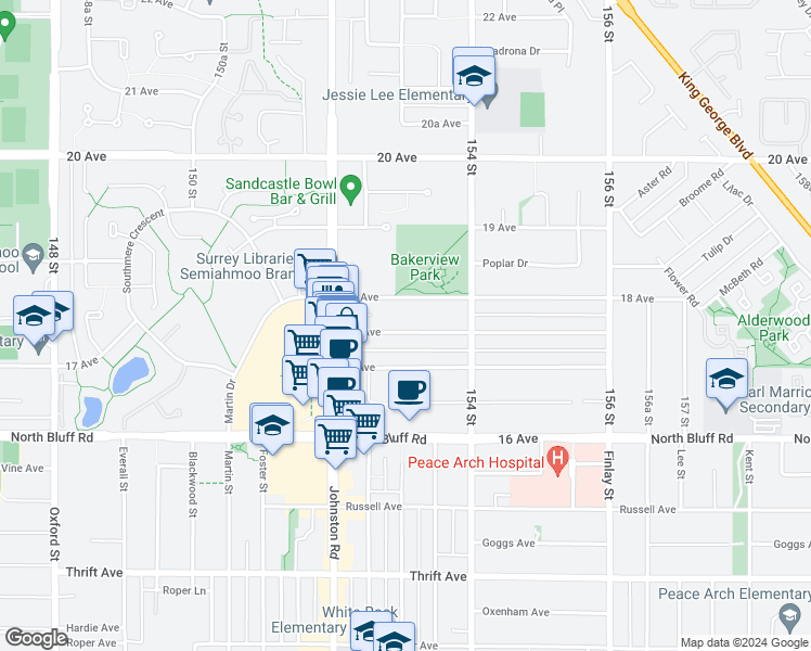 map of restaurants, bars, coffee shops, grocery stores, and more near 15299 17A Avenue in Surrey