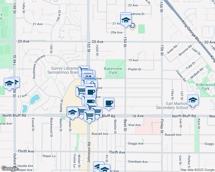 map of restaurants, bars, coffee shops, grocery stores, and more near 15299 17A Avenue in Surrey