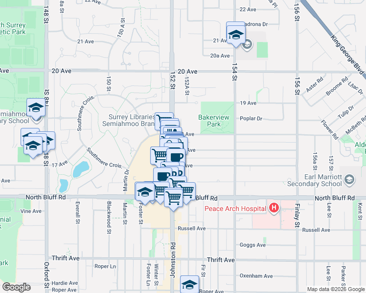 map of restaurants, bars, coffee shops, grocery stores, and more near 15233 17A Avenue in Surrey