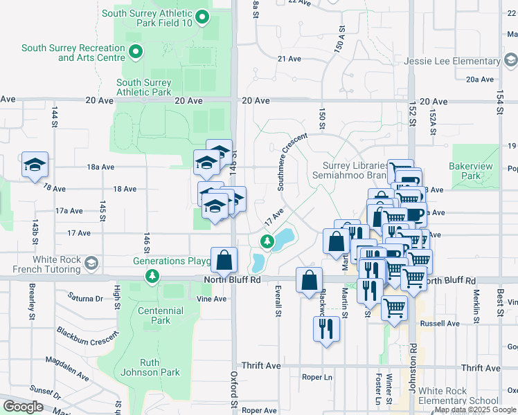 map of restaurants, bars, coffee shops, grocery stores, and more near 1756 148A Street in Surrey