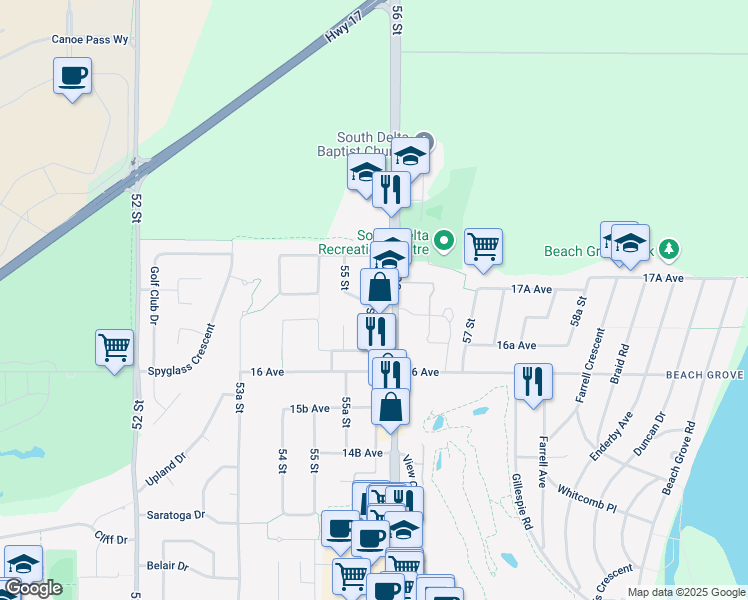 map of restaurants, bars, coffee shops, grocery stores, and more near 1708 55A Street in Delta