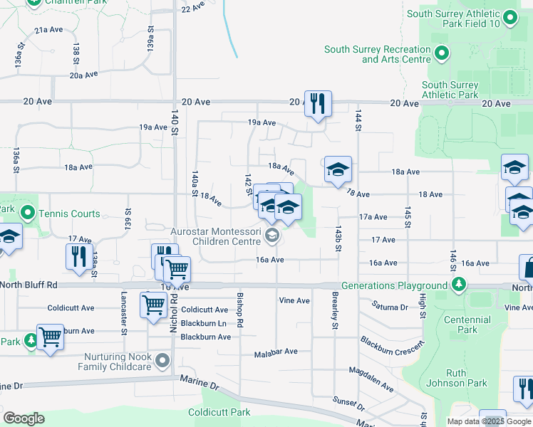 map of restaurants, bars, coffee shops, grocery stores, and more near 1754 142 Street in Surrey