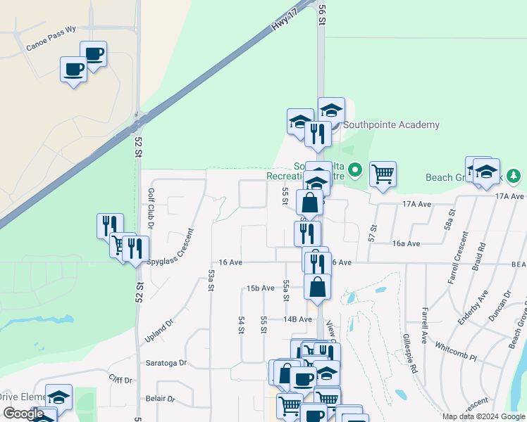 map of restaurants, bars, coffee shops, grocery stores, and more near 5464 Candlewyck Wynd in Delta