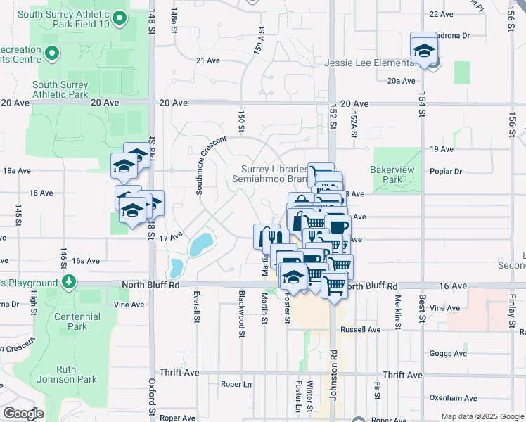 map of restaurants, bars, coffee shops, grocery stores, and more near 1725 Martin Drive in Surrey