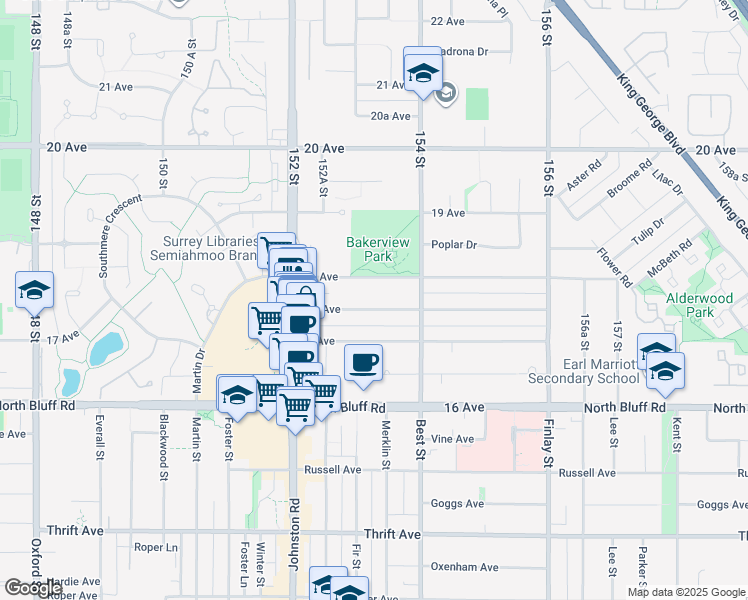 map of restaurants, bars, coffee shops, grocery stores, and more near 15323 17A Avenue in Surrey