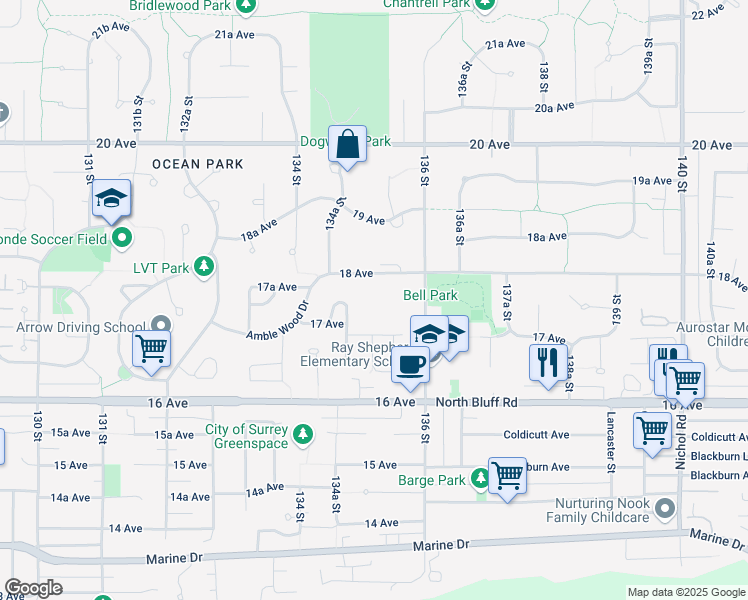 map of restaurants, bars, coffee shops, grocery stores, and more near 1759 136 Street in Surrey