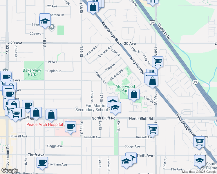 map of restaurants, bars, coffee shops, grocery stores, and more near in Surrey
