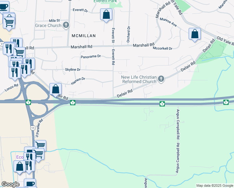map of restaurants, bars, coffee shops, grocery stores, and more near 35063 Delair Road in Abbotsford