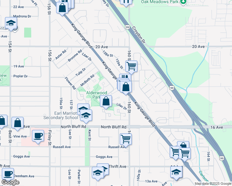 map of restaurants, bars, coffee shops, grocery stores, and more near 1828 Lilac Drive in Surrey