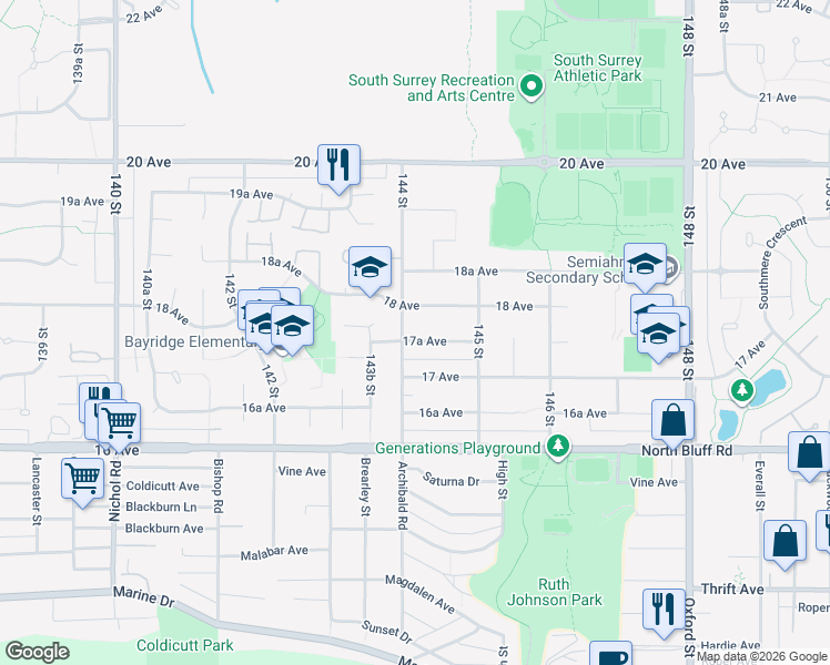 map of restaurants, bars, coffee shops, grocery stores, and more near 14419 17A Avenue in Surrey