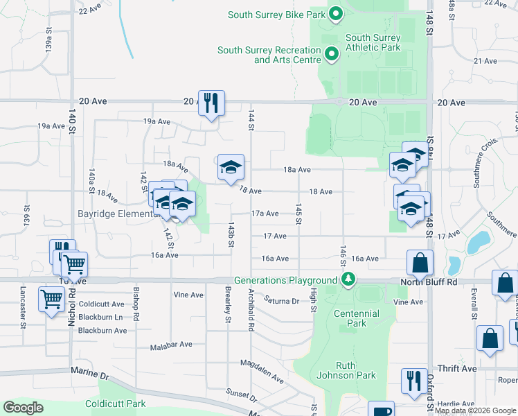 map of restaurants, bars, coffee shops, grocery stores, and more near 1732 144 Street in Surrey