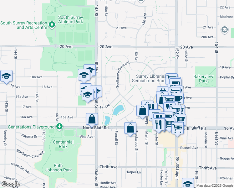 map of restaurants, bars, coffee shops, grocery stores, and more near 14897 17 Avenue in Surrey