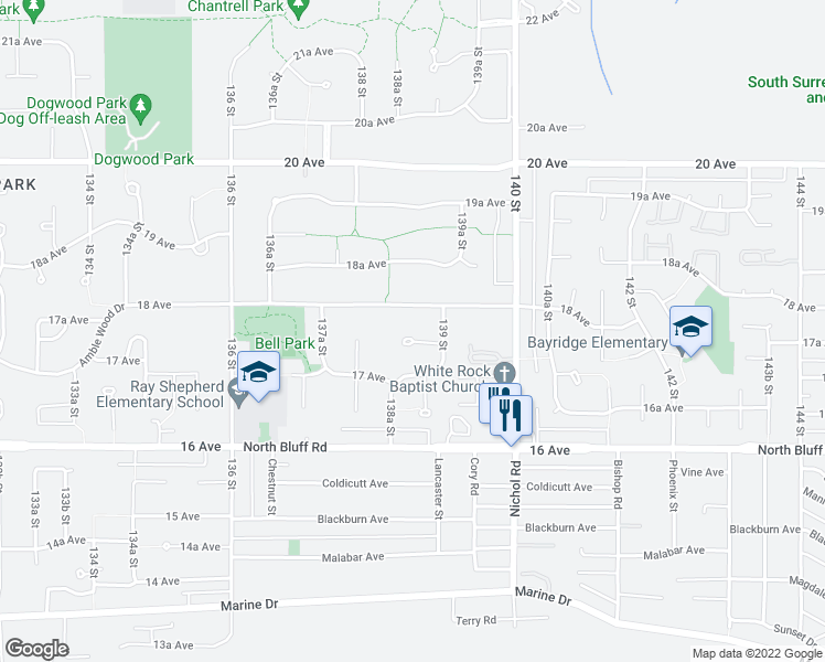 map of restaurants, bars, coffee shops, grocery stores, and more near 13867 17A Avenue in Surrey