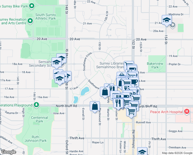 map of restaurants, bars, coffee shops, grocery stores, and more near 1760 Southmere Crescent in Surrey