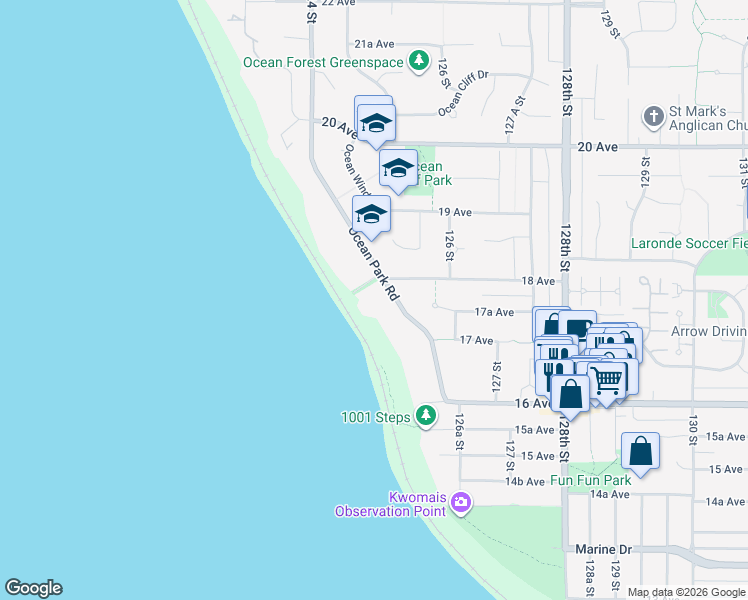 map of restaurants, bars, coffee shops, grocery stores, and more near 1793 Ocean Park Road in Surrey