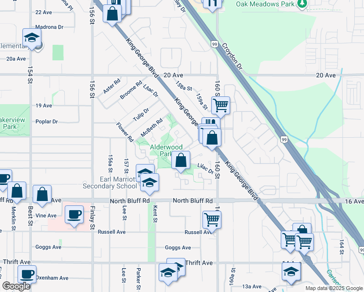 map of restaurants, bars, coffee shops, grocery stores, and more near 1845 Lilac Drive in Surrey
