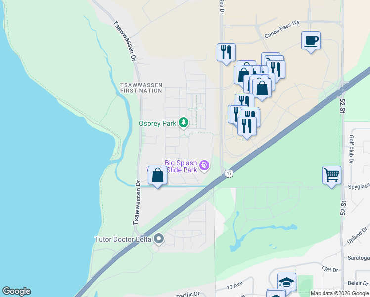 map of restaurants, bars, coffee shops, grocery stores, and more near 4690 Hawk Lane in Delta