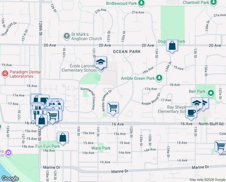 map of restaurants, bars, coffee shops, grocery stores, and more near 1768 Amble Greene Drive in Surrey