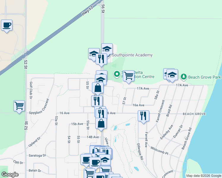 map of restaurants, bars, coffee shops, grocery stores, and more near 1702 56 Street in Delta
