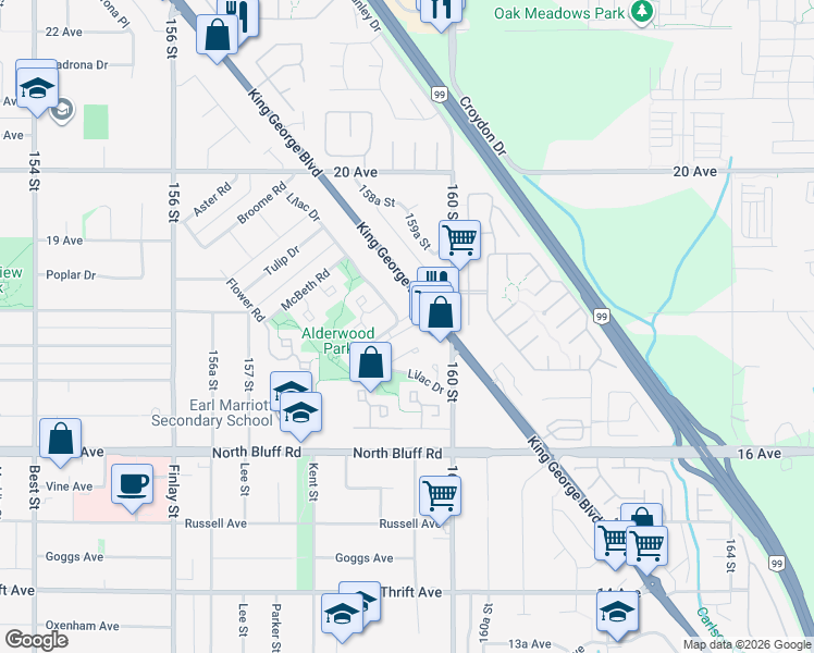 map of restaurants, bars, coffee shops, grocery stores, and more near 1828 Lilac Drive in Surrey