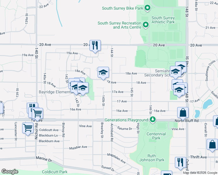 map of restaurants, bars, coffee shops, grocery stores, and more near 1771 144 Street in Surrey