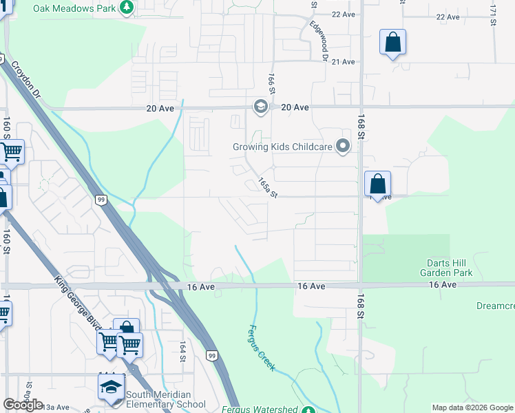 map of restaurants, bars, coffee shops, grocery stores, and more near 1821 18 Avenue in Surrey