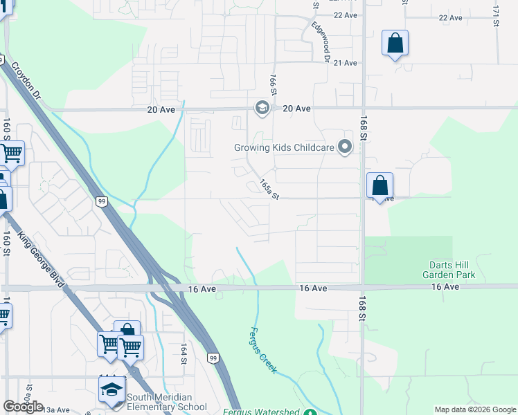 map of restaurants, bars, coffee shops, grocery stores, and more near 16561 17A Avenue in Surrey