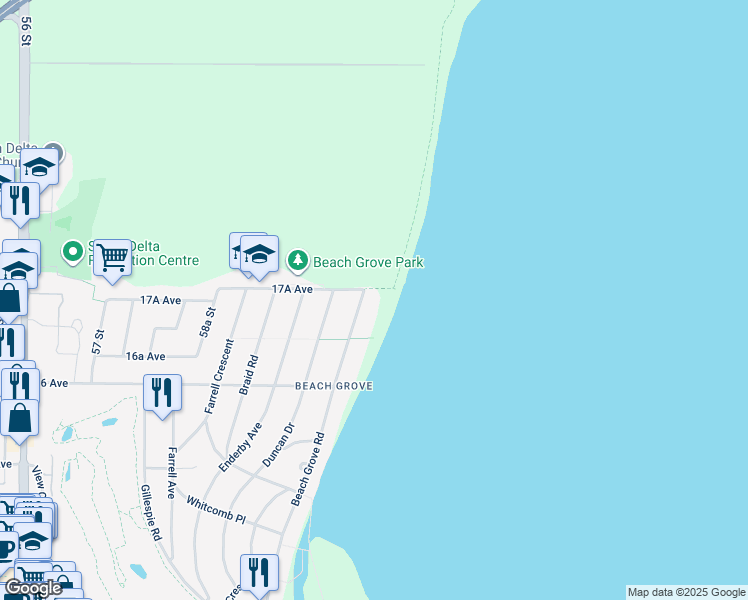 map of restaurants, bars, coffee shops, grocery stores, and more near 1736 Beach Grove Road in Delta