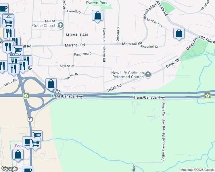 map of restaurants, bars, coffee shops, grocery stores, and more near 1783 Everett Road in Abbotsford