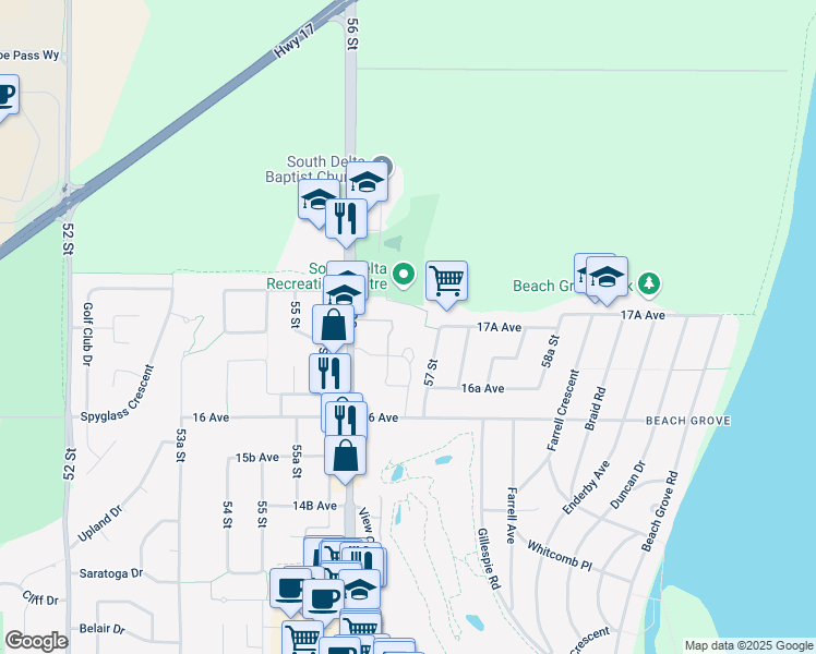 map of restaurants, bars, coffee shops, grocery stores, and more near 1704 56 Street in Delta
