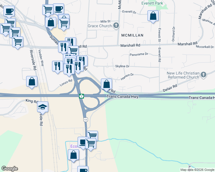 map of restaurants, bars, coffee shops, grocery stores, and more near 34751 Delair Road in Abbotsford