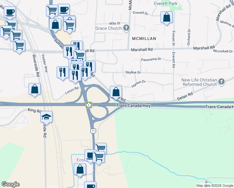 map of restaurants, bars, coffee shops, grocery stores, and more near in Abbotsford
