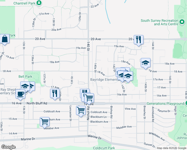 map of restaurants, bars, coffee shops, grocery stores, and more near 1785 140A Street in Surrey