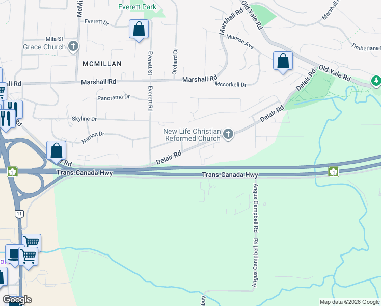map of restaurants, bars, coffee shops, grocery stores, and more near Delair Road in Abbotsford