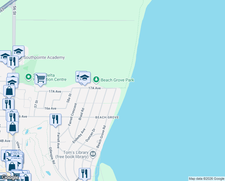 map of restaurants, bars, coffee shops, grocery stores, and more near 1754 Boundary Bay Dyke Trail in Delta