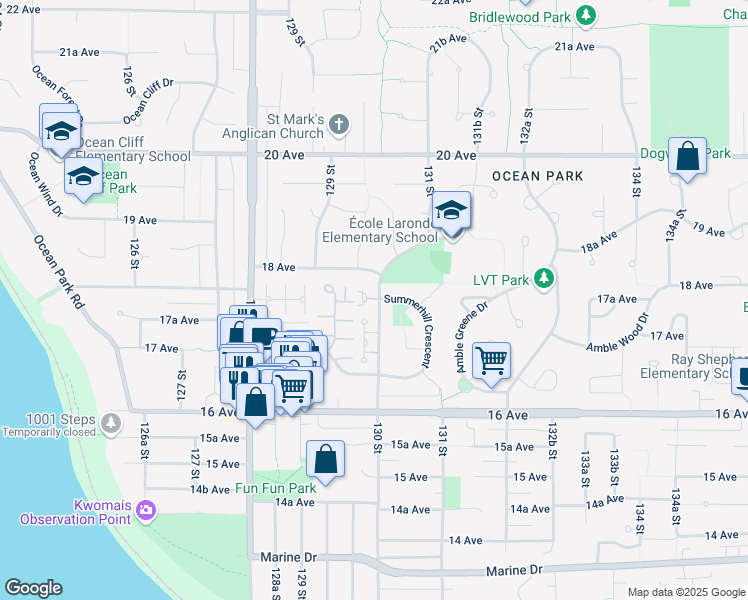 map of restaurants, bars, coffee shops, grocery stores, and more near 1781 130 Street in Surrey