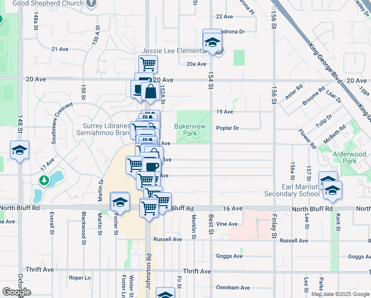 map of restaurants, bars, coffee shops, grocery stores, and more near in Surrey