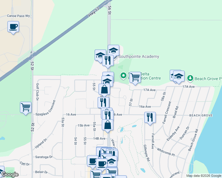 map of restaurants, bars, coffee shops, grocery stores, and more near 1700 56 Street in Delta
