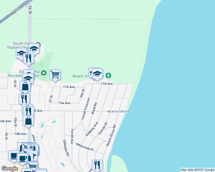 map of restaurants, bars, coffee shops, grocery stores, and more near 1745 Enderby Avenue in Delta