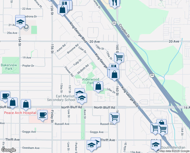 map of restaurants, bars, coffee shops, grocery stores, and more near 1873 Lilac Drive in Surrey
