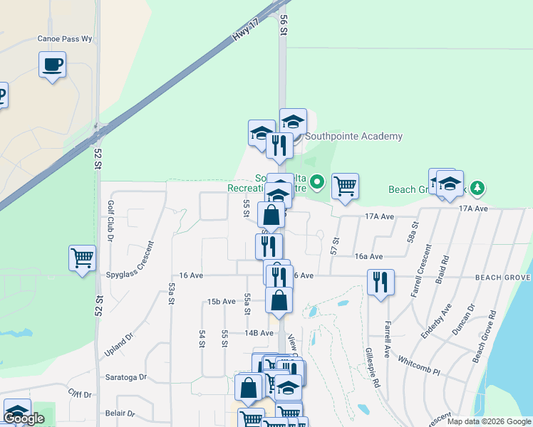 map of restaurants, bars, coffee shops, grocery stores, and more near 206-1777 56 Street in Delta