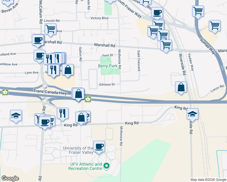 map of restaurants, bars, coffee shops, grocery stores, and more near 1751 McKenzie Road in Abbotsford