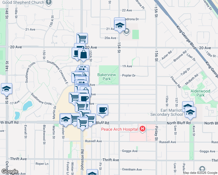 map of restaurants, bars, coffee shops, grocery stores, and more near 15338 18 Avenue in Surrey