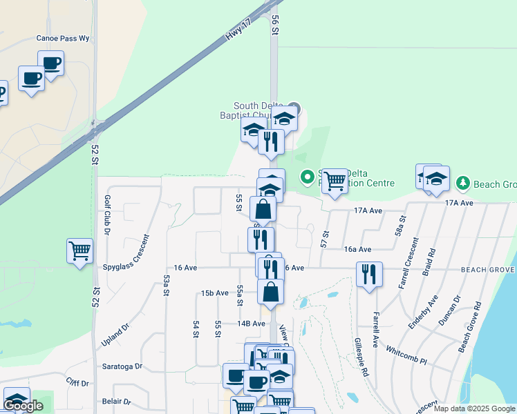 map of restaurants, bars, coffee shops, grocery stores, and more near 206-1777 56 Street in Delta