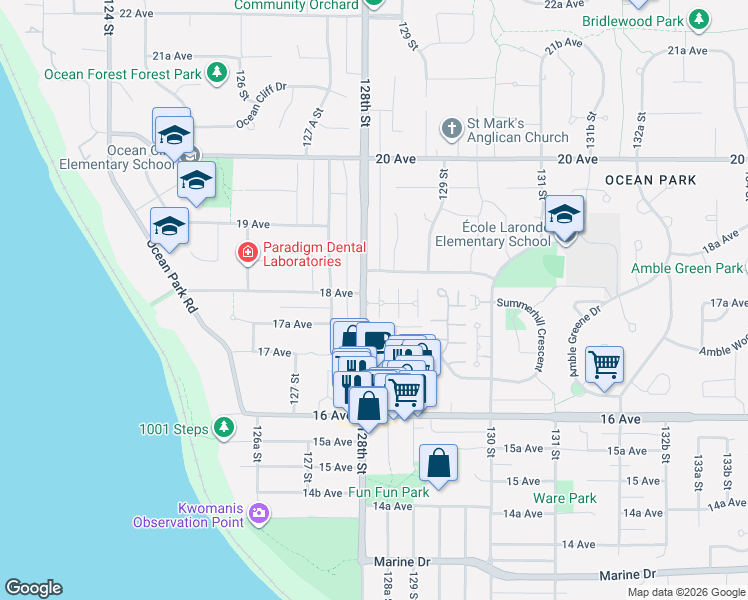 map of restaurants, bars, coffee shops, grocery stores, and more near 1770 128th Street in Surrey