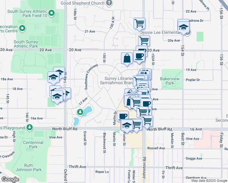 map of restaurants, bars, coffee shops, grocery stores, and more near in Surrey